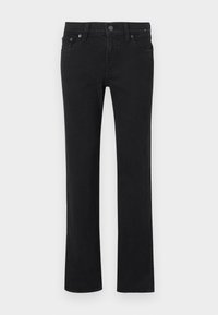 Jean noir à jambe droite avec bouton et fermeture éclair à l'avant, passants pour ceinture, poches avant et arrière, présenté à plat sur fond blanc.