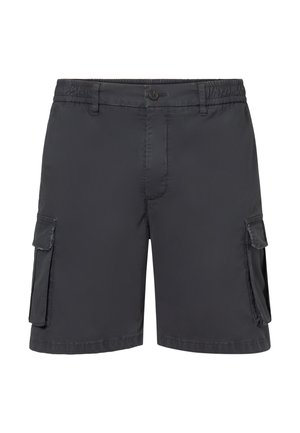 Zwarte casual cargoshorts met elastische tailleband, knoop aan de voorkant en zijvleczakken.