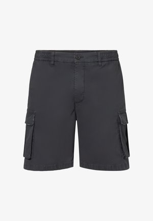 Zwarte casual cargoshorts met elastische tailleband, knoop aan de voorkant en zijvleczakken.
