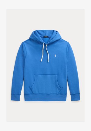 Niebieska bluza z kapturem z białymi sznurkami, przednia kieszeń typu kangurka oraz małe białe logo Polo Ralph Lauren na piersi.