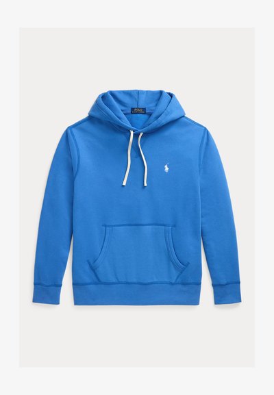 Mėlynas džemperis su gobtuvu, baltais raišteliais, kišene priekyje ir mažuoju baltu Polo Ralph Lauren logotipu ant krūtinės.