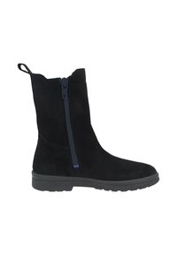 Schwarze Wildlederschuhe mit Knöchel, seitlichem Reißverschluss, runder Zehenpartie und einer chunky Gummisohle. Das Design ist schlicht mit einem Schlupfgriff an der Oberkante.