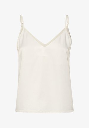 Bela majica na naramnice z nastavljivimi trakovi, V-izrezom in gladkim, lahkim materialom. Ima preprost in klasičen dizajn.