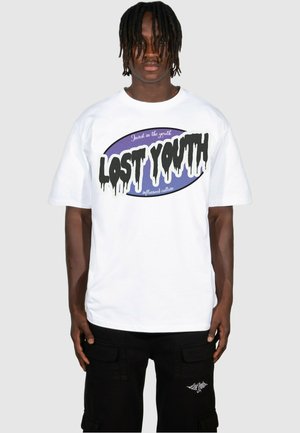 White cotton t-shirt featuring colorful dripping "LOST YOUTH" graphic in purple and black, with short sleeves and a relaxed fit.