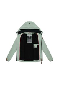 Lichtgroene hooded jacket met zwarte binnenkant, rode biezen, frontzipper en zichtbare innerlijke label en zak.