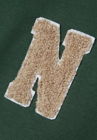 La tela verde presenta un aplique de letra "N" en color beige, con textura esponjosa y un contorno blanco, que añade profundidad y contraste a la superficie.