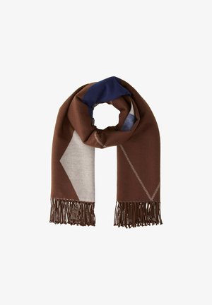 Gestrickter Schal in Braun, Creme und Marineblau, mit geometrischen Mustern und strukturierten Fransen an den Enden. Weiches, warmes Material.