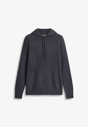 Pullover in maglia grigio scuro con cappuccio, texture a costine e maniche lunghe. Presenta un cordino e un orlo dritto. Design classico e informale.