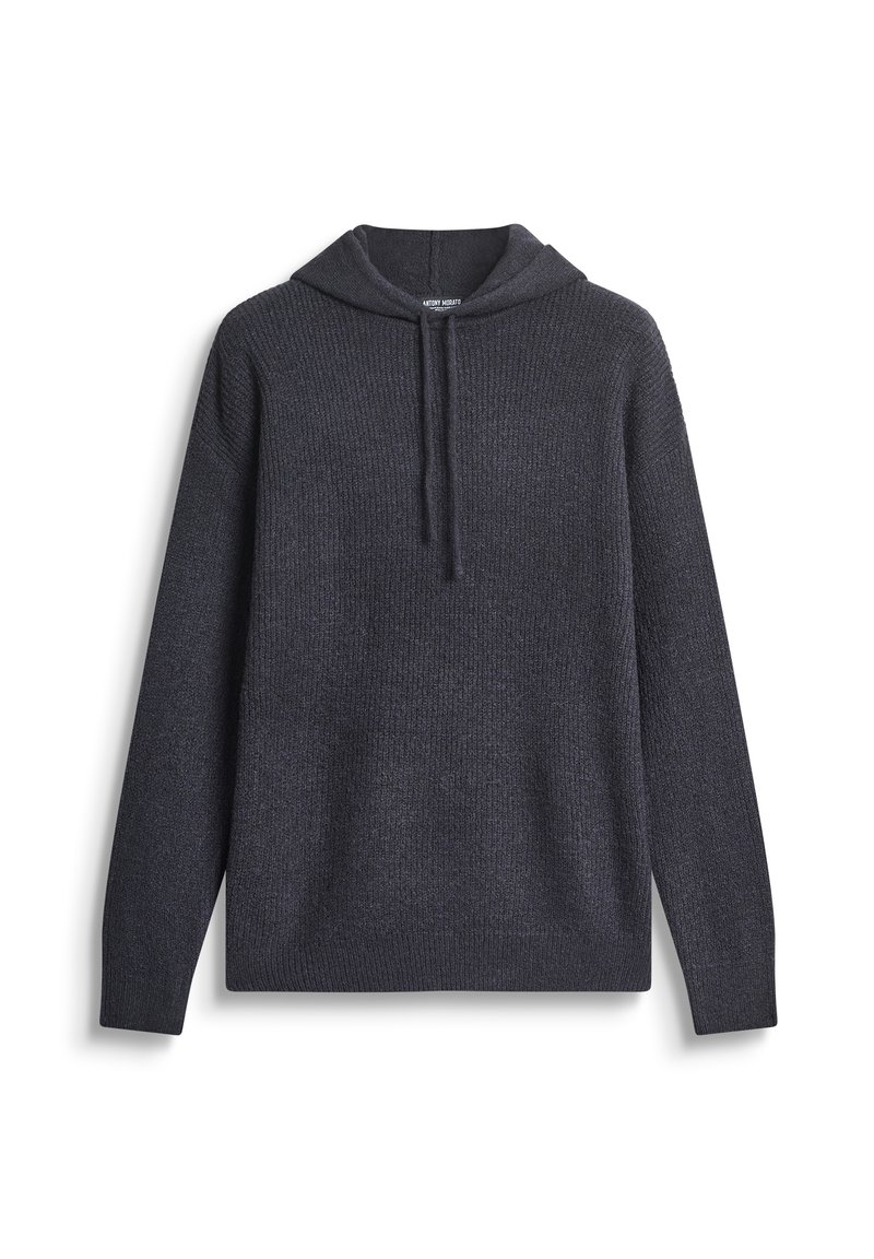 Tamnosivi pleteni pulover s kapuljačom, rebrastom teksturom i dugim rukavima. Ima uže za podešavanje i ravni rub. Klasičan, ležeran dizajn.