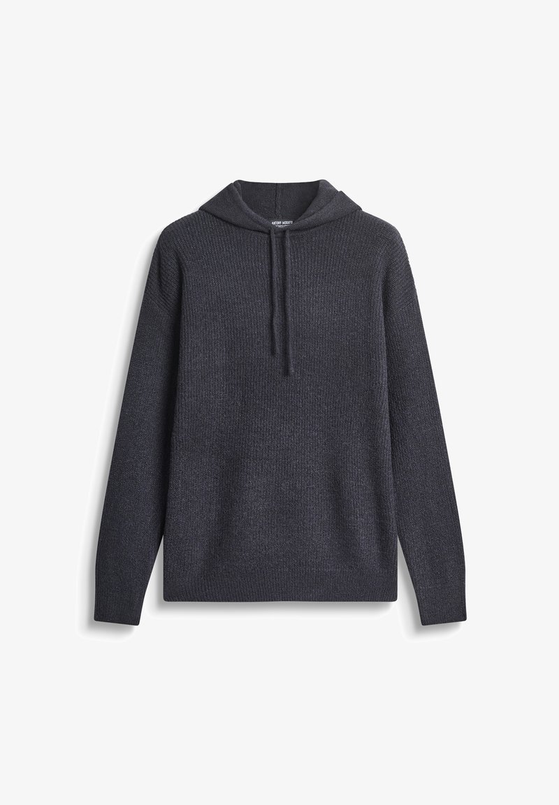 Tamnosivi pleteni pulover s kapuljačom, rebrastom teksturom i dugim rukavima. Ima uže za podešavanje i ravni rub. Klasičan, ležeran dizajn.