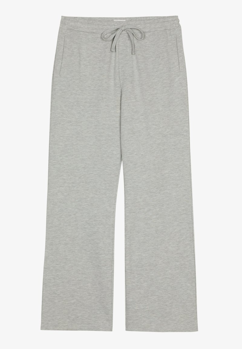 Hellgraue Jogginghose aus weichem, strukturiertem Stoff mit einem Kordelzugbund und Seitentaschen; weit geschnitten und lässig.