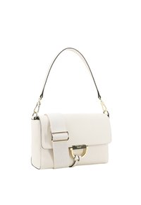 White leather handbag featuring a structured design, a gold-tone hardware clasp, and a detachable fabric strap with a textured finish.