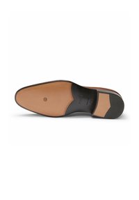 Leather dress shoe sole, featuring a beige leather inlay, black border, and detailed stitching. Brand logo embossed near the heel.