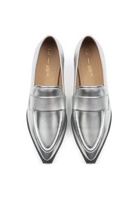 Silver metallic loafers with a pointed toe, featuring a wide strap across the vamp and a textured leather upper with black rubber soles.