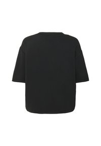 Black, short-sleeve top with a loose fit. Features a crew neckline and a smooth, soft texture. Simple design, no visible patterns or accents.