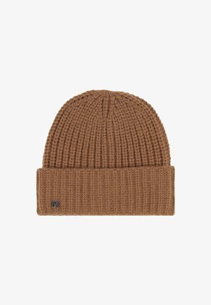 Brown knitted beanie hat with a folded brim and a small round metal logo on the cuff, against a white background.