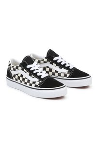Black and white checkerboard canvas sneakers with white laces, suede accents, and a rubber sole. Classic low-top design.