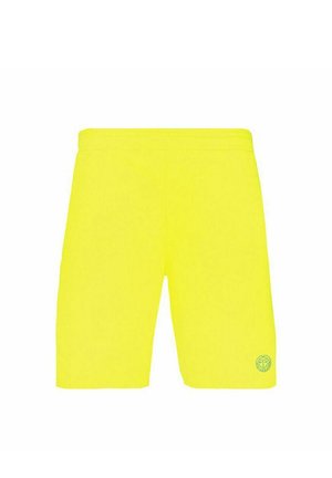 Neon-gelbe Shorts mit elastischem Bund, die ein Logoakzent am unteren rechten Bein aufweisen. Glatte Textur und knielanges Design.