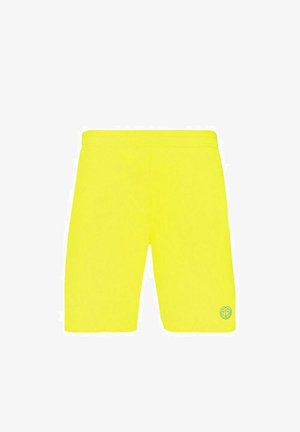 Shorts jaune néon avec une ceinture élastique, ornés d'un logo sur la jambe inférieure droite. Texture lisse et coupe mi-genou.