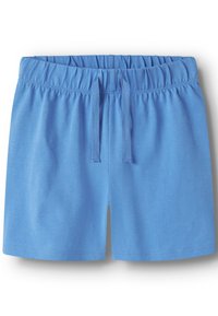 Hellblaue Baumwollshorts mit elastischem Bund und verstellbarem Kordelzug, flach auf weißem Hintergrund dargestellt.