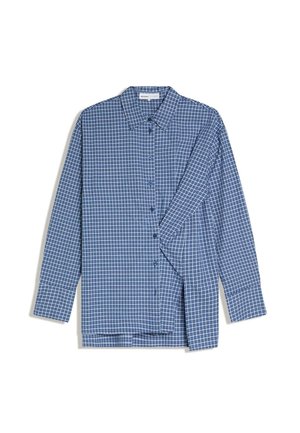 Blue and white checked long-sleeve button-up shirt with collar laid flat, one sleeve slightly folded over the front.