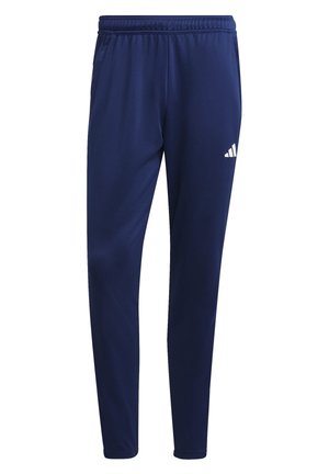 Granatowe spodnie sportowe z elastycznym pasem i zwężanymi nogawkami, z małym białym logo Adidas na górnej lewej części uda.