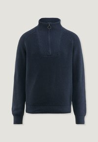 Marineblauer Strickpullover mit hohem Kragen und halbem Reißverschluss, ausgestattet mit gerippten Bündchen und Saum sowie einem strukturierten Muster auf der oberen Vorderseite.
