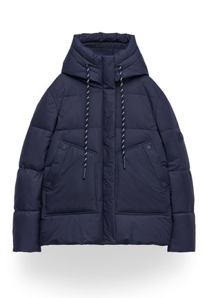 Navyblauwe gewatteerde winterjas met capuchon, verstelbare trekkoorden, drukknopen voorzakken en lange mouwen.