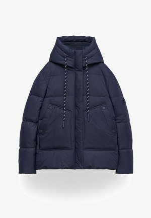 Navyblauwe gewatteerde winterjas met capuchon, verstelbare trekkoorden, drukknopen voorzakken en lange mouwen.