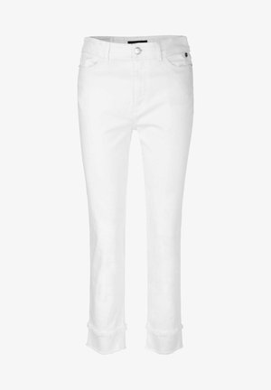 Hvide denimjeans med en skræddersyet pasform, der har en frynset kant og et klassisk fem-lomme-design. Glat tekstur med knaplukning.