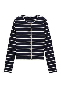 Cardigan bleu marine avec des rayures horizontales blanches, col rond, manches longues et six boutons dorés sur le devant.