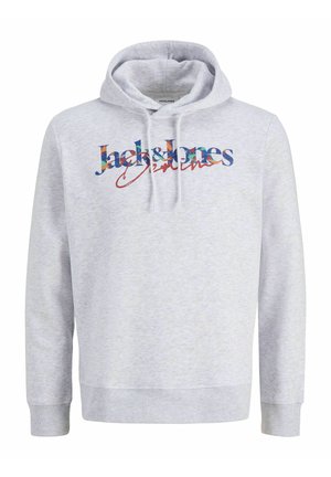 Hellgrauer Kapuzenpullover mit Kordelzug, gerippten Bündchen und buntem „Jack & Jones Originals“-Logo über der Brust.