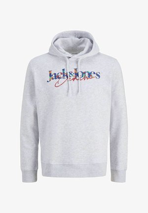 Sweat à capuche gris clair avec cordons, poignets côtelés et logo coloré "Jack & Jones Originals" sur la poitrine.