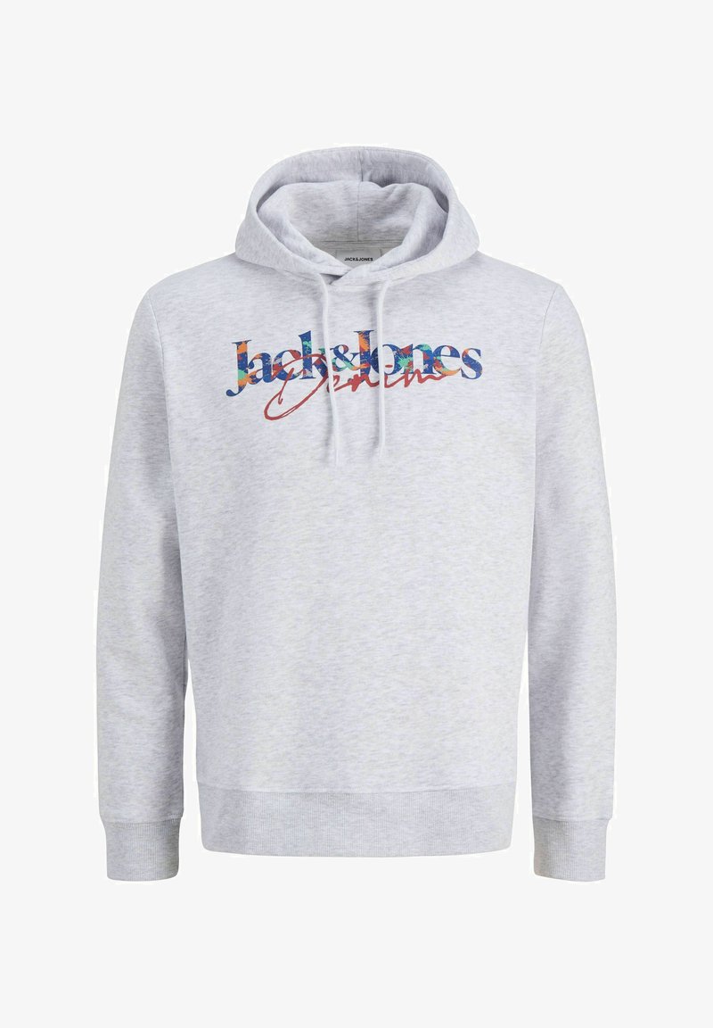 Sweat à capuche gris clair avec cordons, poignets côtelés et logo coloré "Jack & Jones Originals" sur la poitrine.