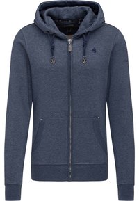 Felpa con zip di colore blu navy, dotata di tasche frontali, cappuccio regolabile con cordino e punte in metallo, e piccolo logo ricamato sul lato sinistro del petto.