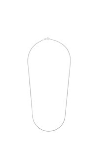Collana in metallo argenteo con un design a catena sottile e flessibile. Presenta un fermaglio sicuro e una finitura liscia e lucida su tutta la superficie.