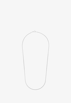 Collar de metal plateado con un diseño de cadena delgada y flexible. Cuenta con un cierre seguro y un acabado liso y pulido en toda su extensión.