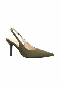 Olijfgroene slingback hoge hak schoen met een spitse neus, een gladde textuur en een elegante silhouet. Heeft een slanke hak en open zijkanten.