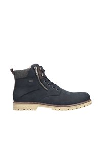 Bottines en cuir bleu foncé avec accent en tissu gris, zip latéral, bout rond et semelle en caoutchouc beige avec un motif de semelle robuste.