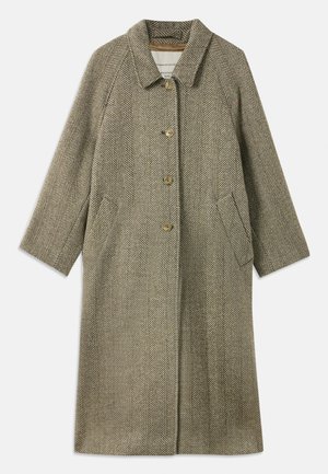 Oliivroheline herringbone-kirjuga mantel. Omab kraed, kolme nupu esist, ja küljetaskuid. Sujuv, tekstuuriga kangas.