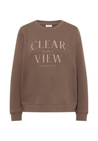 Sweatshirt marron avec col rond, portant un texte beige clair indiquant "CLEAR MIND'S VIEW REFLECTION" sur le devant. Texture de tissu douce.