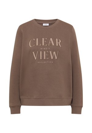 Bruine sweatshirts met een ronde hals, voorzien van lichtbruine tekst met de tekst "CLEAR MIND'S VIEW REFLECTION" aan de voorkant. Zachte stofstructuur.