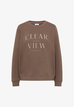 Sudadera marrón con cuello redondo, que presenta un texto de color marrón claro que dice "REFLEXIÓN DE LA VISTA DE UNA MENTE CLARA" en el frente. Textura de tela suave.