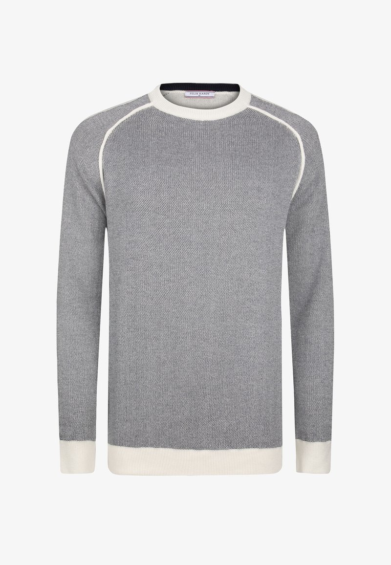 Pull homme à manches longues et col rond en maille grise avec poignets, ourlet et bordure de col en côtes blanches.