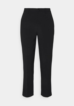 Schwarze, gerade geschnittene Hose mit Knopf- und Reißverschluss, ausgestattet mit Gürtelschlaufen und Bügelfalten vorne.