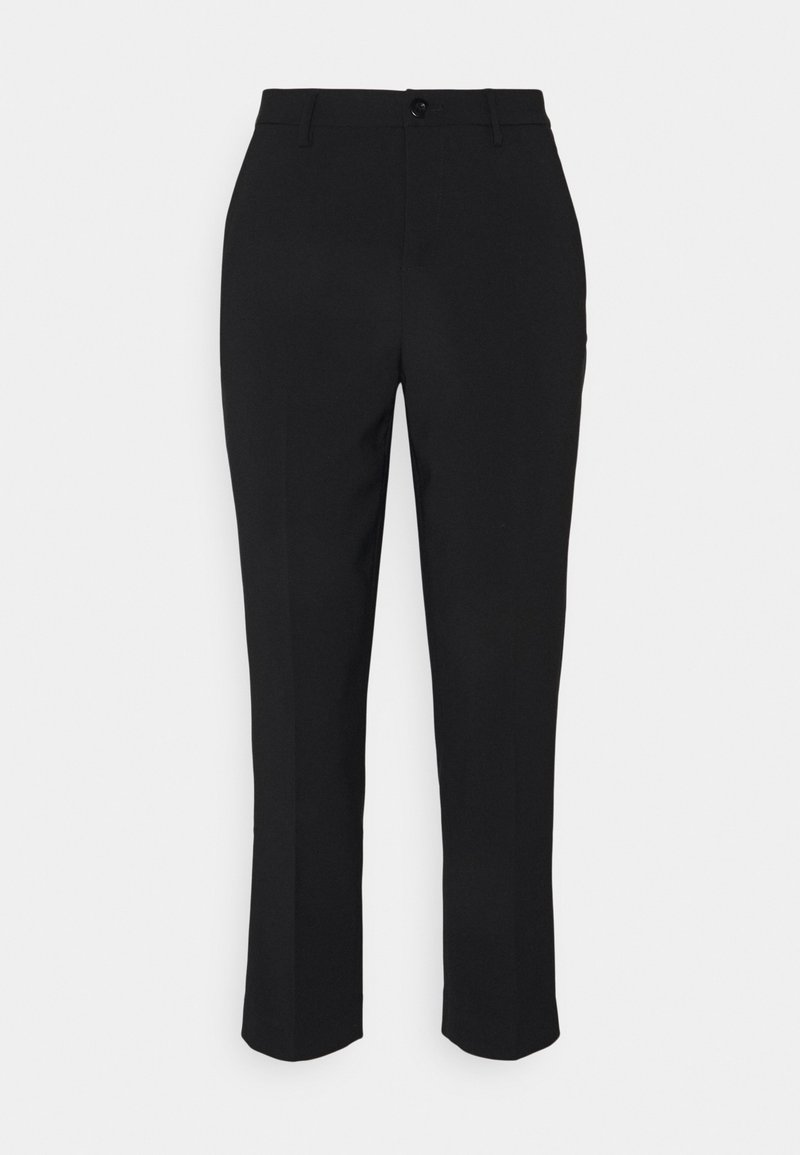 Pantalon noir à coupe droite avec fermeture à bouton et glissière, doté de passants pour ceinture et de plis marqués sur le devant.