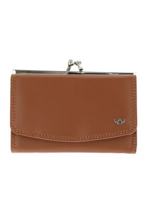 Brown leather clasp wallet with silver metal frame and kiss-lock closure, featuring a small horned logo on the bottom right corner.