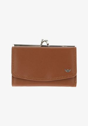 Portefeuille marron en cuir avec cadre métallique argenté et fermeture à clapet, doté d'un petit logo à cornes en bas à droite.