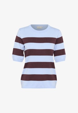 Lys blå afslappet sweatshirt med mørkebrune vandrette striber, korte ærmer og ribbet halsudskæring, lavet af blødt strikkemateriale.