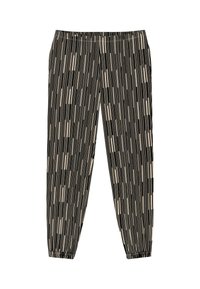 Zwarte en beige gestreepte broek met een elastische tailleband en boorden. Verticale lijnen creëren een gestructureerd patroon op een lichtgewicht stof.